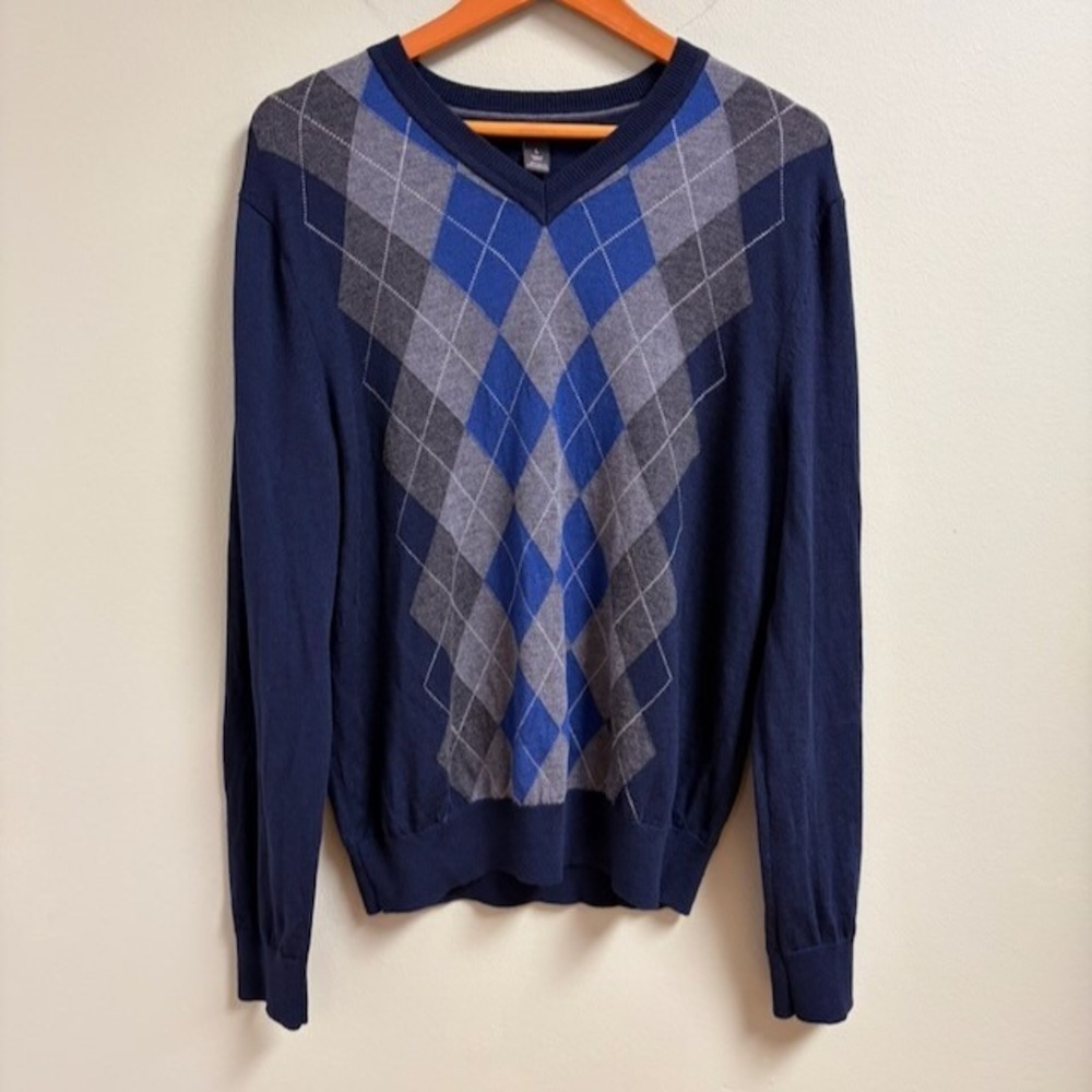 Banana Republic Mens Extra Fine Merino Wool Argyle V-Neck Sweater Preppy Navy L
